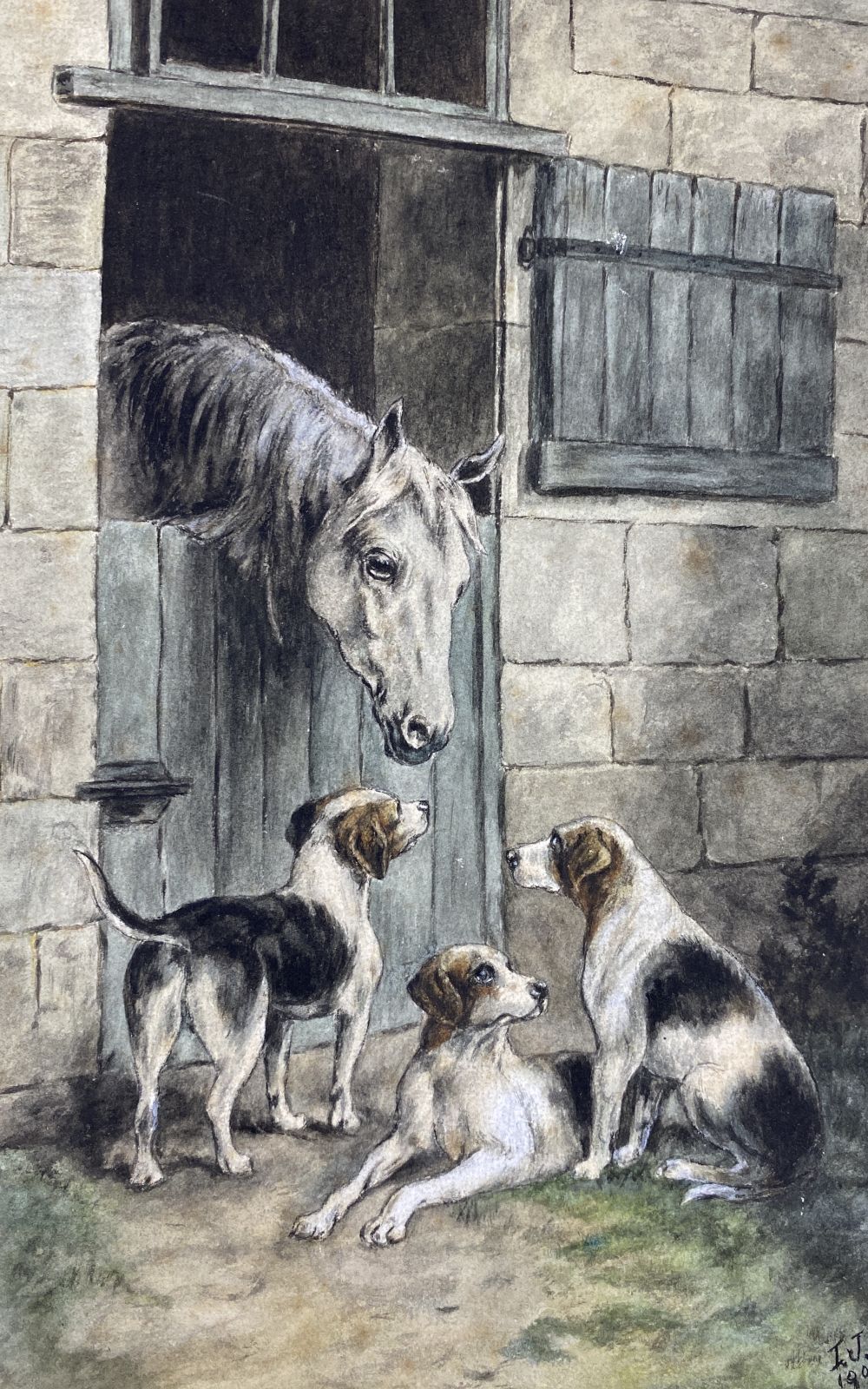 I.J. 1908, two watercolours, Cats beside a mouse cage and Hounds beside a stable, largest 23 x 32cm